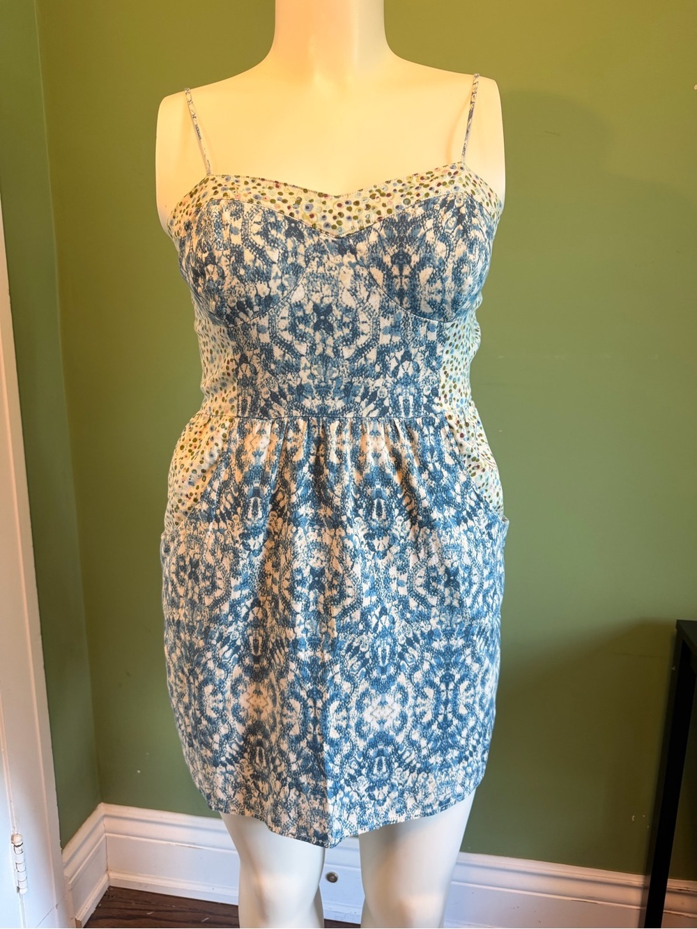 Mossimo Supply Co. Blue Printed Spaghetti-Strap Mini Dress